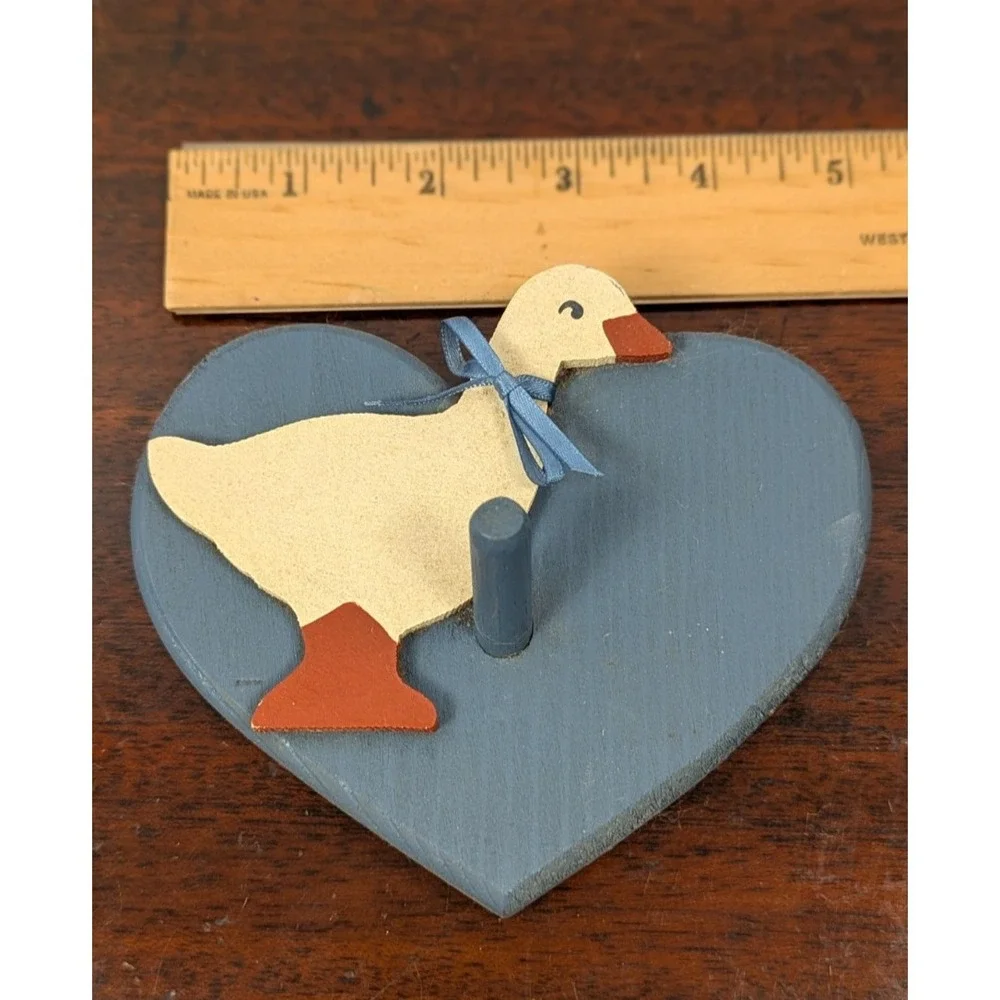Vintage Wooden Goose Wall Hook Heart Plaque Blue Country Farmhouse Decor